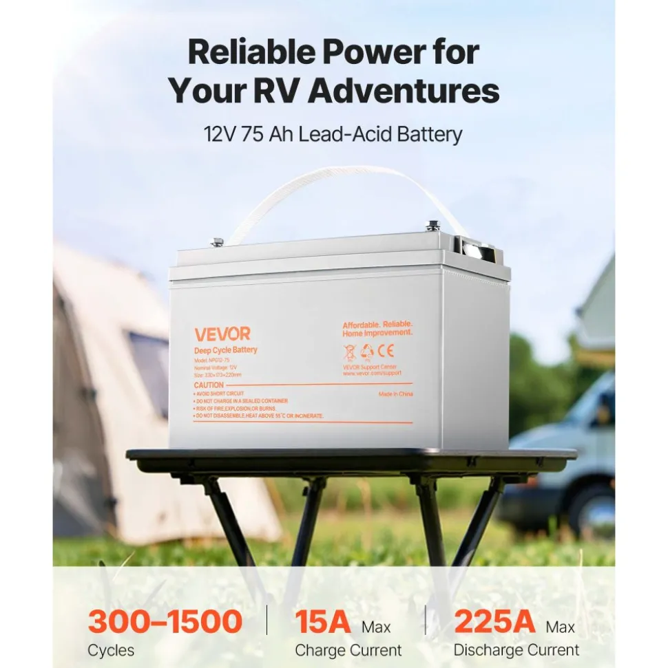VEVOR 12V 75Ah Deep Cycle Battery, Sealed AGM Technology, Rechargeable Lead Acid AGM Battery, Backup Replacement for Scooters, Electric Mobility Wheelchair, Solar System Off-Grid Home Energy Storage