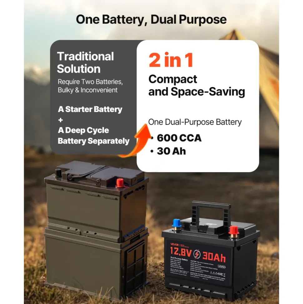 VEVOR 12V 30Ah Dual Purpose LiFePO4 Lithium Battery, 600 CCA Group 47, Car Start-Stop Lithium-ion Starter Battery Plus Deep Cycle, Built-in Smart BMS, for Automotive, Trolling Motor, Engine Starting