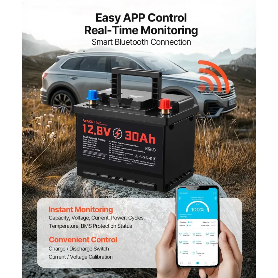 VEVOR 12V 30Ah Dual Purpose LiFePO4 Lithium Battery, 600 CCA Group 47, Car Start-Stop Lithium-ion Starter Battery Plus Deep Cycle, Built-in Smart BMS, for Automotive, Trolling Motor, Engine Starting