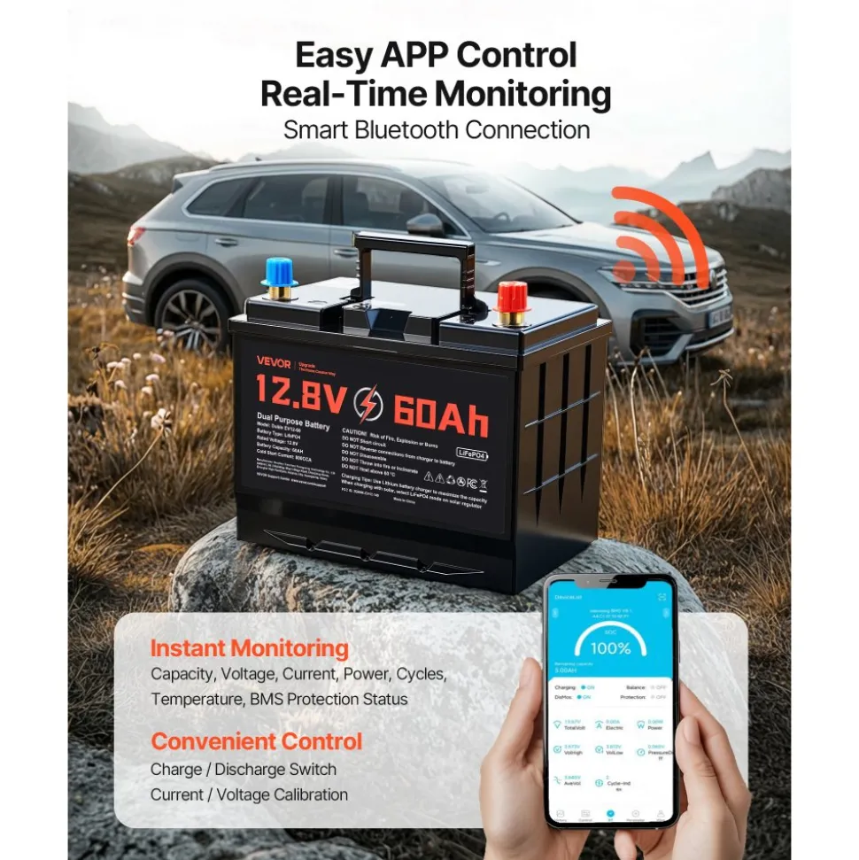 VEVOR 12V 60Ah Dual Purpose LiFePO4 Lithium Battery, 800 CCA Group 24, Lithium-ion Starter Battery Plus Deep Cycle, Built-in Smart BMS, Car Start-Stop, for Automotive, Trolling Motor, Engine Starting