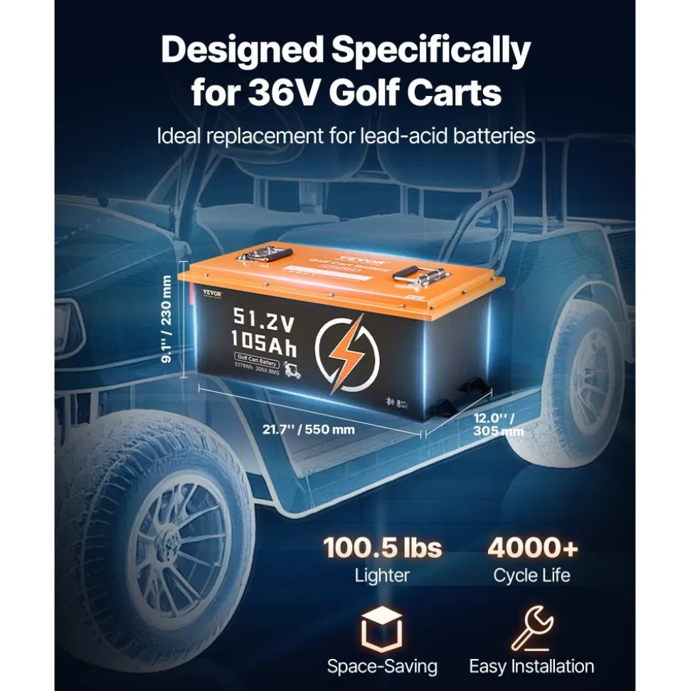 VEVOR 48V 105Ah Golf Cart Lithium Battery, 48 Volt Golf Cart Battery with 200A BMS, Touch Monitor and Mobile APP, LiFePO4 Battery with 600A Peak Current, 20A Charger and 4000+ Cycles, for Golf Carts
