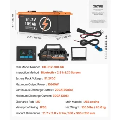 VEVOR 48V 105Ah Golf Cart Lithium Battery, 48 Volt Golf Cart Battery with 200A BMS, Touch Monitor and Mobile APP, LiFePO4 Battery with 600A Peak Current, 20A Charger and 4000+ Cycles, for Golf Carts