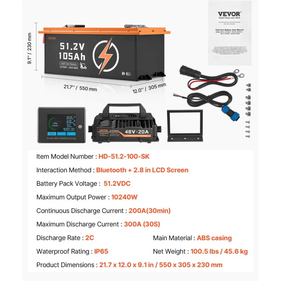 VEVOR 48V 105Ah Golf Cart Lithium Battery, 48 Volt Golf Cart Battery with 200A BMS, Touch Monitor and Mobile APP, LiFePO4 Battery with 600A Peak Current, 20A Charger and 4000+ Cycles, for Golf Carts