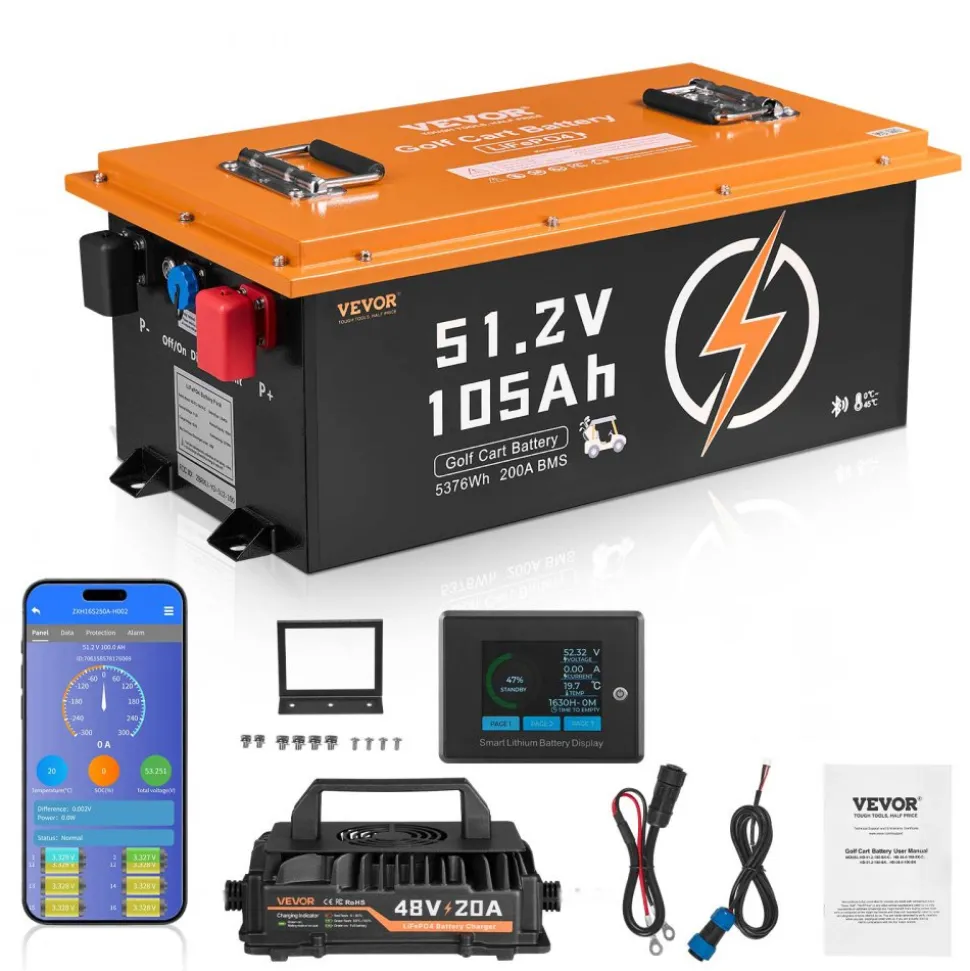 VEVOR 48V 105Ah Golf Cart Lithium Battery, 48 Volt Golf Cart Battery with 200A BMS, Touch Monitor and Mobile APP, LiFePO4 Battery with 600A Peak Current, 20A Charger and 4000+ Cycles, for Golf Carts