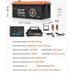 VEVOR 36V 105Ah Golf Cart Lithium Battery, 36 Volt Golf Cart Battery with 200A BMS, LCD Monitor and Mobile APP, LiFePO4 Battery with 600A Peak Current, 20A Charger and 4000+ Cycles, for Golf Carts
