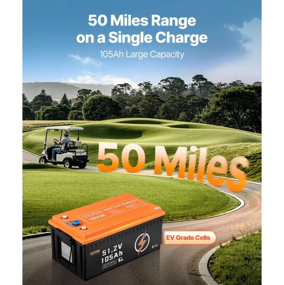 VEVOR 48V 105Ah Golf Cart Lithium Battery, 48 Volt Golf Cart Battery with 200A BMS, LCD Monitor and Mobile APP, LiFePO4 Battery with 600A Peak Current, 20A Charger and 4000+ Cycles, for Golf Carts