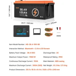 VEVOR 36V 105Ah Golf Cart Lithium Battery, 36 Volt Golf Cart Battery with 200A BMS, LCD Monitor and Mobile APP, LiFePO4 Battery with 600A Peak Current, ABS Shell and 4000+ Cycles, for Golf Carts