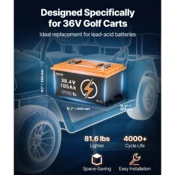 VEVOR 36V 105Ah Golf Cart Lithium Battery, 36 Volt Golf Cart Battery with 200A BMS, Touch Monitor and Mobile APP, LiFePO4 Battery with 600A Peak Current, 20A Charger and 4000+ Cycles, for Golf Carts