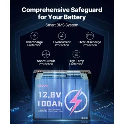 VEVOR 12V 100Ah LiFePO4 Battery, Up to 15000 Cycles, Deep Cycle Lithium Iron Phosphate Battery with Built-in BMS, Low Temperature Protection, 10 Years Lifetime, for Solar Off-Grid Home Energy Storage
