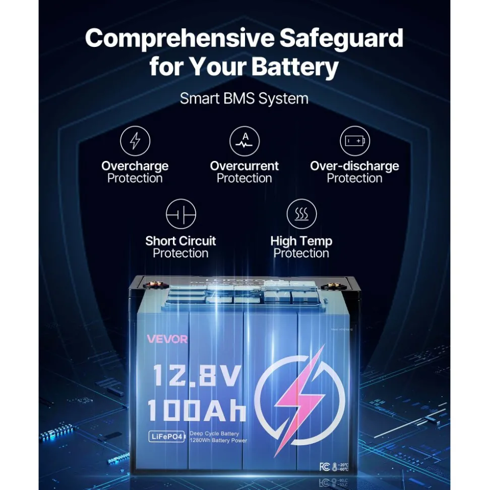 VEVOR 12V 100Ah LiFePO4 Battery, Up to 15000 Cycles, Deep Cycle Lithium Iron Phosphate Battery with Built-in BMS, Low Temperature Protection, 10 Years Lifetime, for Solar Off-Grid Home Energy Storage