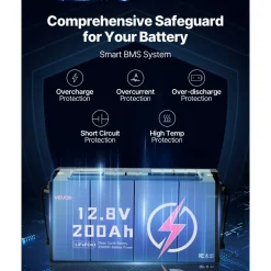 VEVOR 12V 200Ah LiFePO4 Battery, Up to 15000 Cycles, Deep Cycle Lithium Iron Phosphate Battery with Built-in BMS, Low Temperature Protection, 10 Years Lifetime, for Solar Off-Grid Home Energy Storage