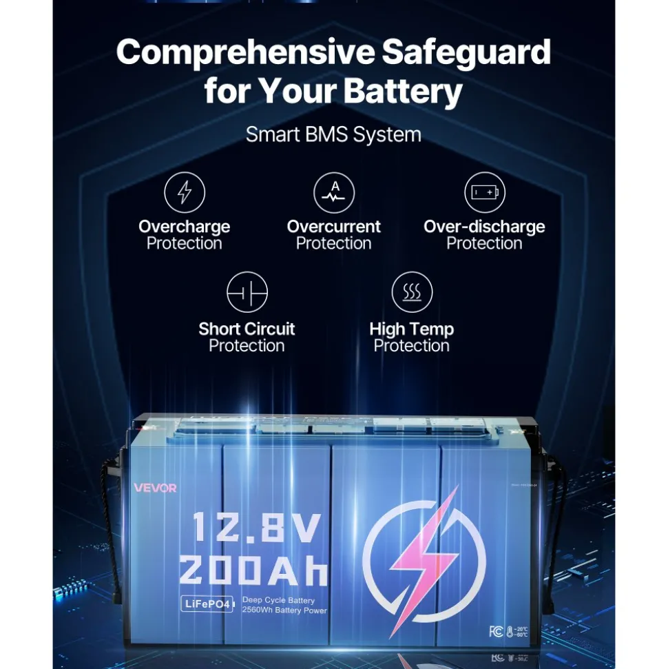 VEVOR 12V 200Ah LiFePO4 Battery, Up to 15000 Cycles, Deep Cycle Lithium Iron Phosphate Battery with Built-in BMS, Low Temperature Protection, 10 Years Lifetime, for Solar Off-Grid Home Energy Storage