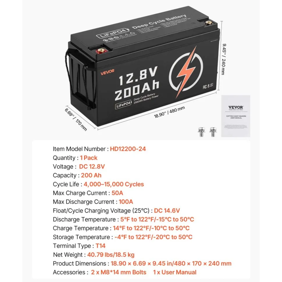 VEVOR 12V 200Ah LiFePO4 Battery, Up to 15000 Cycles, Deep Cycle Lithium Iron Phosphate Battery with Built-in BMS, Low Temperature Protection, 10 Years Lifetime, for Solar Off-Grid Home Energy Storage
