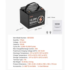 VEVOR 12V 50Ah LiFePO4 Battery, Up to 15000 Cycles, Deep Cycle Lithium Iron Phosphate Battery with Built-in BMS, Low Temperature Protection, 10 Years Lifetime, for Solar Off-Grid Home Energy Storage