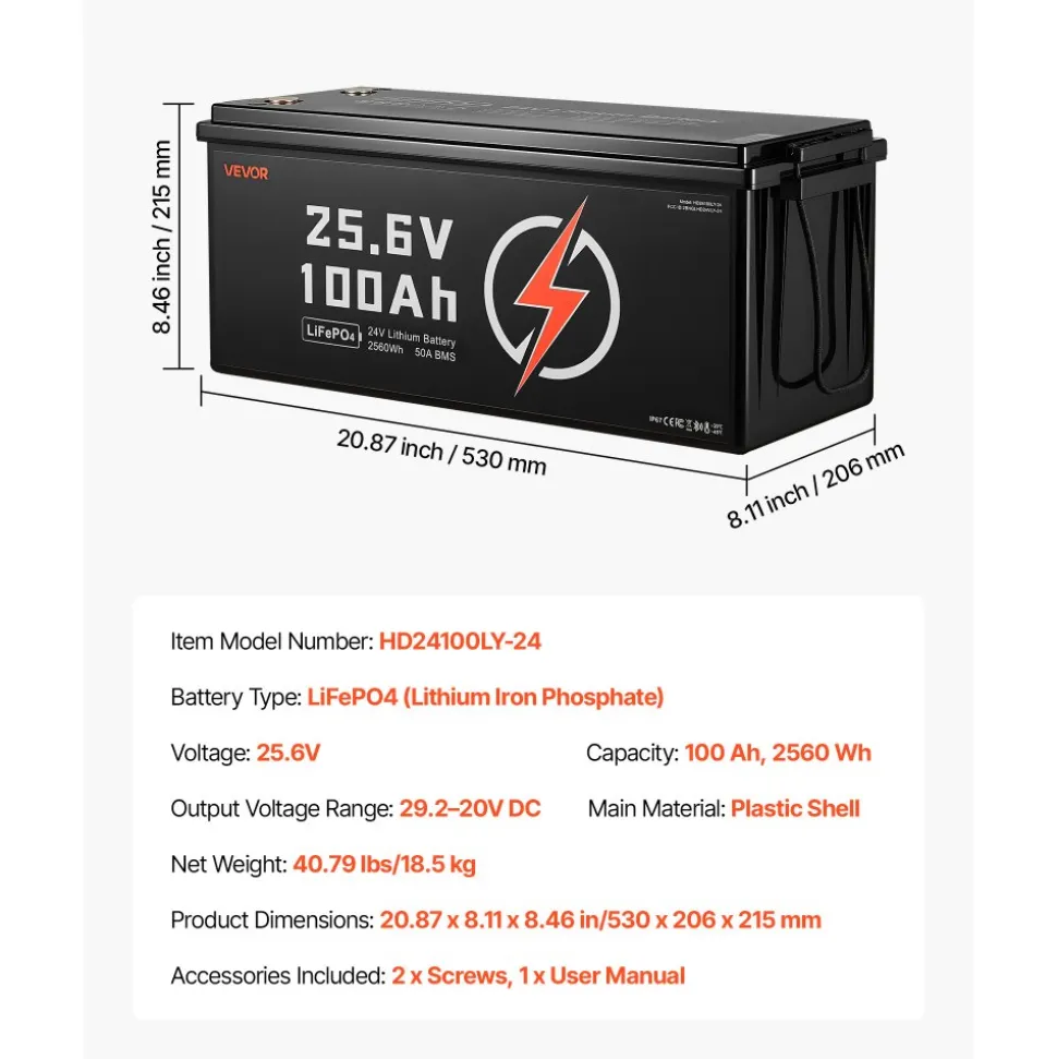 VEVOR 24V 100Ah LiFePO4 Lithium Battery, Bluetooth, Deep Cycle Lithium Rechargeable Battery, Built-in 50A BMS, Low Temp Protection, 4000+ Cycles, Max. 2560Wh, for RV, Camper, Trolling Motors, Marine