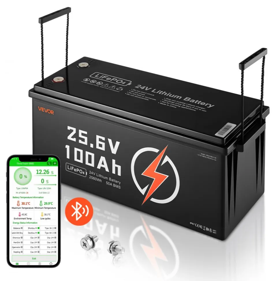 VEVOR 24V 100Ah LiFePO4 Lithium Battery, Bluetooth, Deep Cycle Lithium Rechargeable Battery, Built-in 50A BMS, Low Temp Protection, 4000+ Cycles, Max. 2560Wh, for RV, Camper, Trolling Motors, Marine