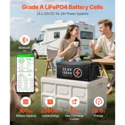 VEVOR 24V 100Ah LiFePO4 Lithium Battery, Bluetooth, Deep Cycle Lithium Rechargeable Battery, Built-in 50A BMS, Low Temp Protection, 4000+ Cycles, Max. 2560Wh, for RV, Camper, Trolling Motors, Marine