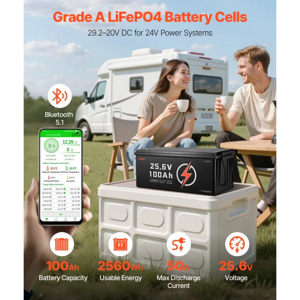 VEVOR 24V 100Ah LiFePO4 Lithium Battery, Bluetooth, Deep Cycle Lithium Rechargeable Battery, Built-in 50A BMS, Low Temp Protection, 4000+ Cycles, Max. 2560Wh, for RV, Camper, Trolling Motors, Marine
