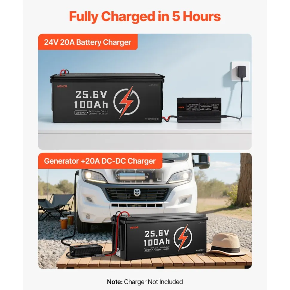 VEVOR 24V 100Ah LiFePO4 Lithium Battery, Bluetooth, Deep Cycle Lithium Rechargeable Battery, Built-in 50A BMS, Low Temp Protection, 4000+ Cycles, Max. 2560Wh, for RV, Camper, Trolling Motors, Marine