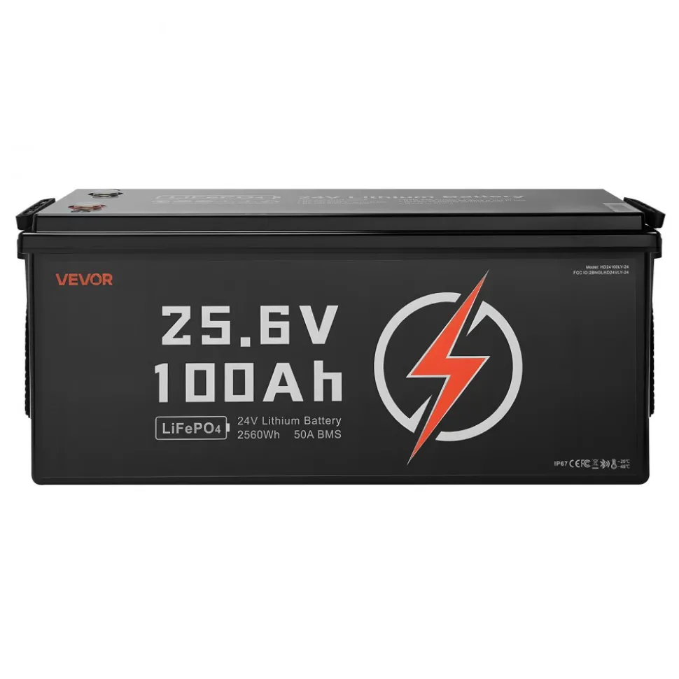VEVOR 24V 100Ah LiFePO4 Lithium Battery, Bluetooth, Deep Cycle Lithium Rechargeable Battery, Built-in 50A BMS, Low Temp Protection, 4000+ Cycles, Max. 2560Wh, for RV, Camper, Trolling Motors, Marine