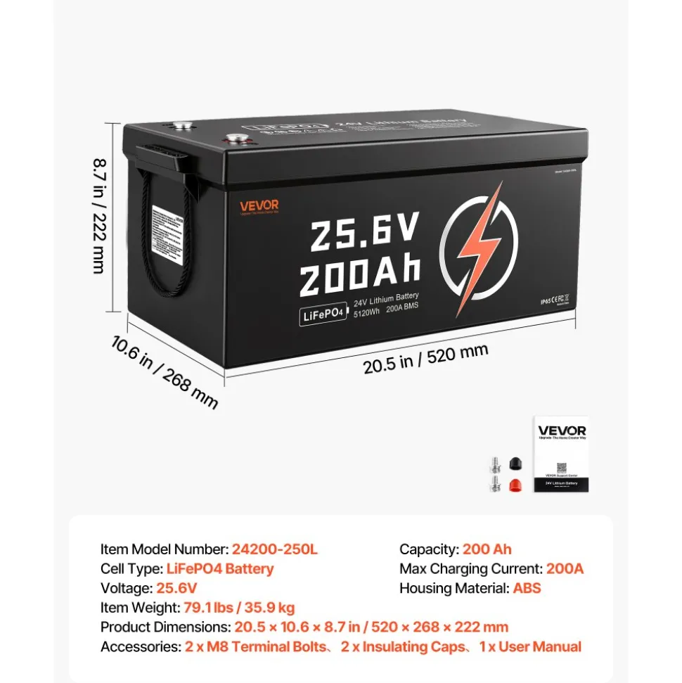 VEVOR 24V 200Ah LiFePO4 Lithium Battery 4000+ Cycles Built-in 200A BMS, Lithium Battery with Low Temperature Protection, Supports 8P2S Connection, 5120Wh Energy, for RV, Trolling Motor, Marine, Solar