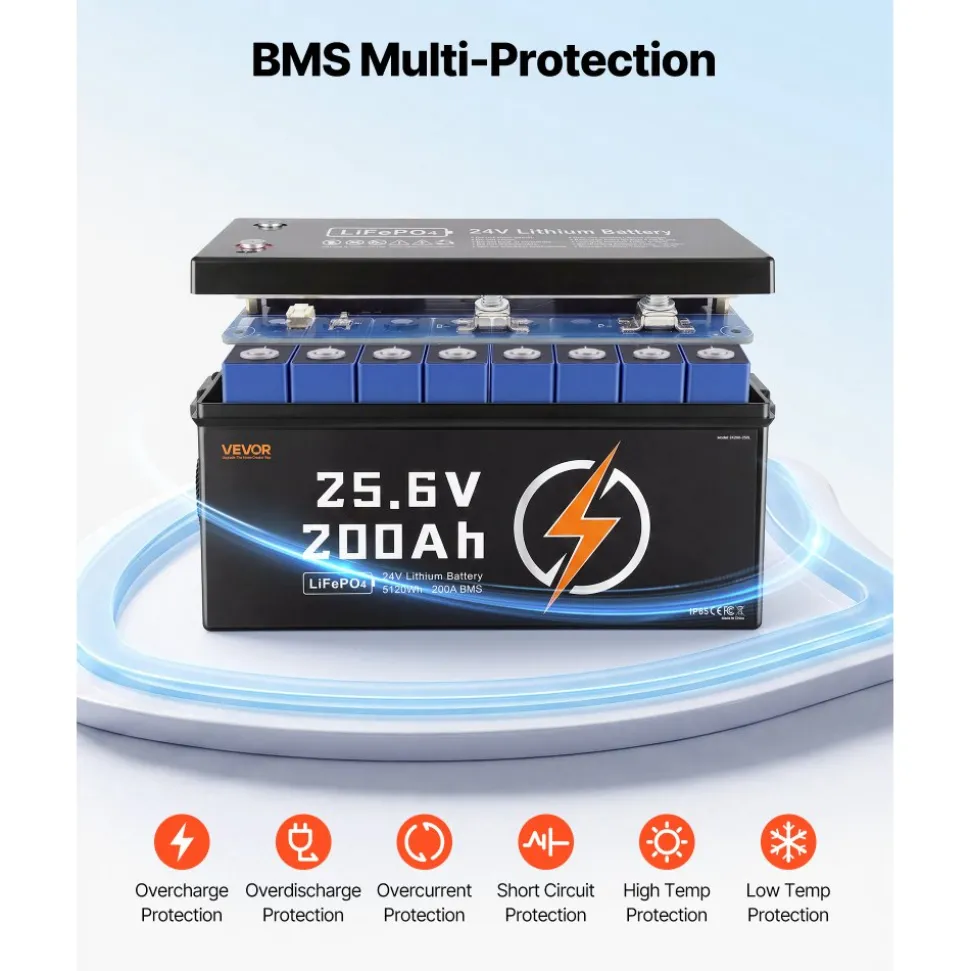 VEVOR 24V 200Ah LiFePO4 Lithium Battery 4000+ Cycles Built-in 200A BMS, Lithium Battery with Low Temperature Protection, Supports 8P2S Connection, 5120Wh Energy, for RV, Trolling Motor, Marine, Solar