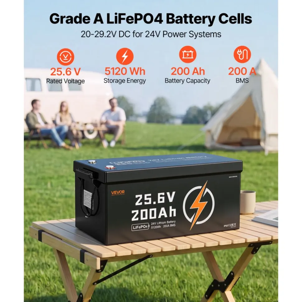 VEVOR 24V 200Ah LiFePO4 Lithium Battery 4000+ Cycles Built-in 200A BMS, Lithium Battery with Low Temperature Protection, Supports 8P2S Connection, 5120Wh Energy, for RV, Trolling Motor, Marine, Solar