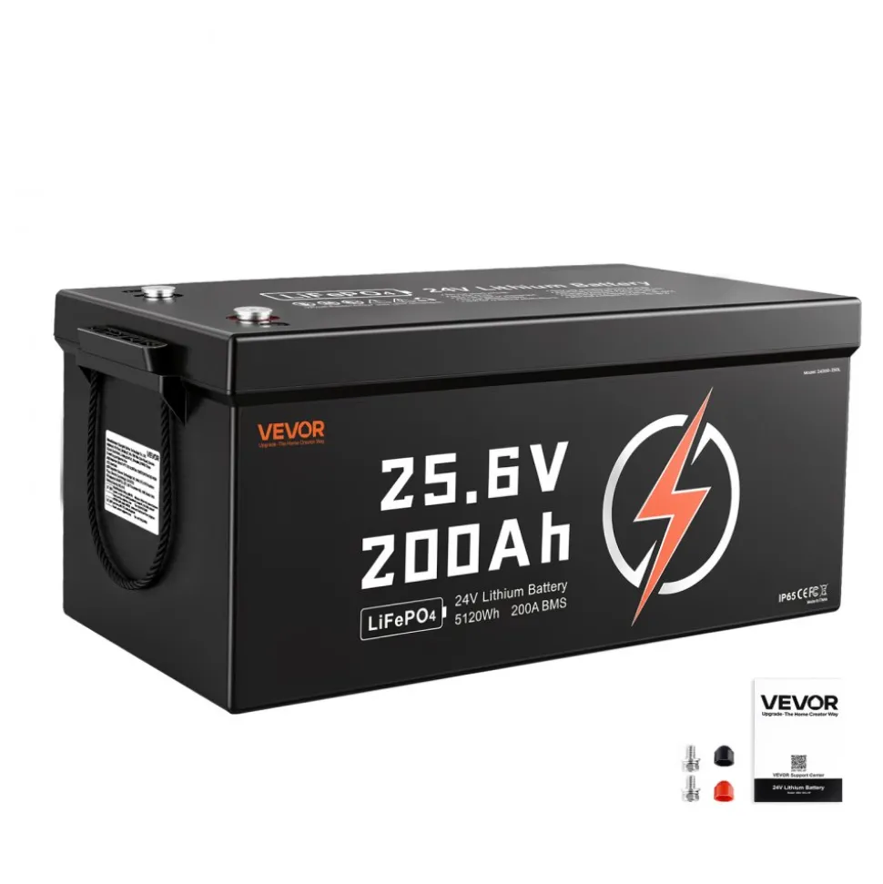 VEVOR 24V 200Ah LiFePO4 Lithium Battery 4000+ Cycles Built-in 200A BMS, Lithium Battery with Low Temperature Protection, Supports 8P2S Connection, 5120Wh Energy, for RV, Trolling Motor, Marine, Solar
