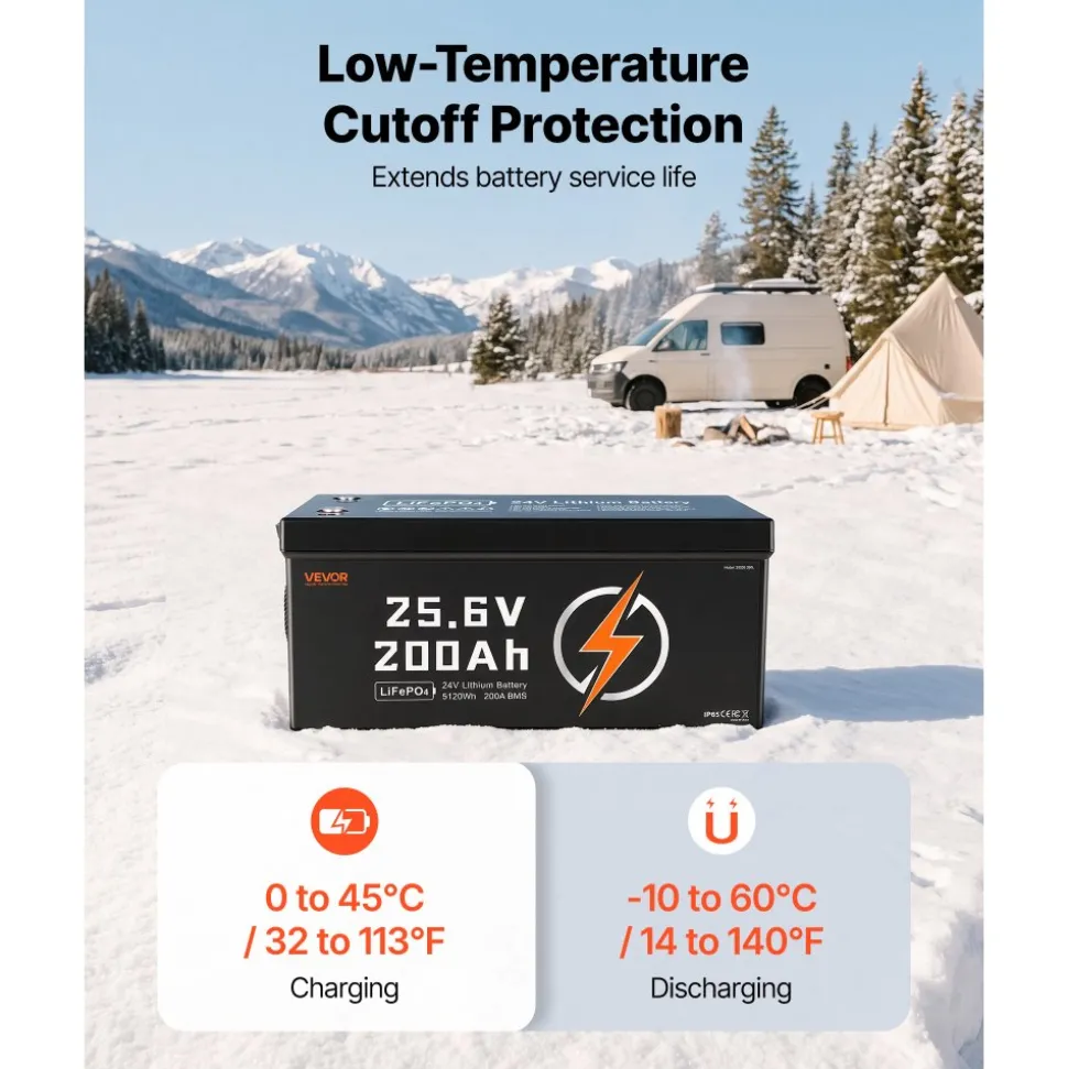 VEVOR 24V 200Ah LiFePO4 Lithium Battery 4000+ Cycles Built-in 200A BMS, Lithium Battery with Low Temperature Protection, Supports 8P2S Connection, 5120Wh Energy, for RV, Trolling Motor, Marine, Solar