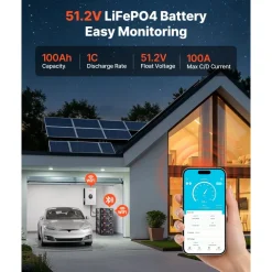 VEVOR 48V 100Ah LiFePO4 Lithium Battery, Built-in 100A BMS, 51.2V Server Rack LiFePO4 Battery with Bluetooth & Display, 5120Wh Capacity, 6000 Cycles, for Solar Energy Storage Home Backup Power, 2 Pack