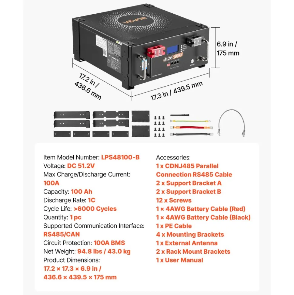 VEVOR 48V 100Ah LiFePO4 Lithium Battery, Built-in 100A BMS, 51.2V Server Rack LiFePO4 Battery with Bluetooth, 5120Wh Capacity, 6000 Cycles, LCD Display, for Solar Energy Storage Home Backup Power