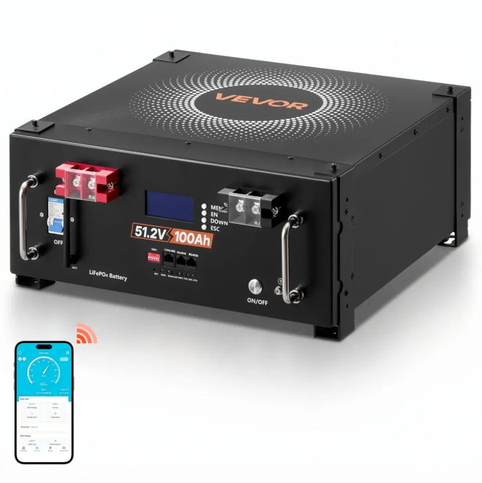VEVOR 48V 100Ah LiFePO4 Lithium Battery, Built-in 100A BMS, 51.2V Server Rack LiFePO4 Battery with Bluetooth, 5120Wh Capacity, 6000 Cycles, LCD Display, for Solar Energy Storage Home Backup Power