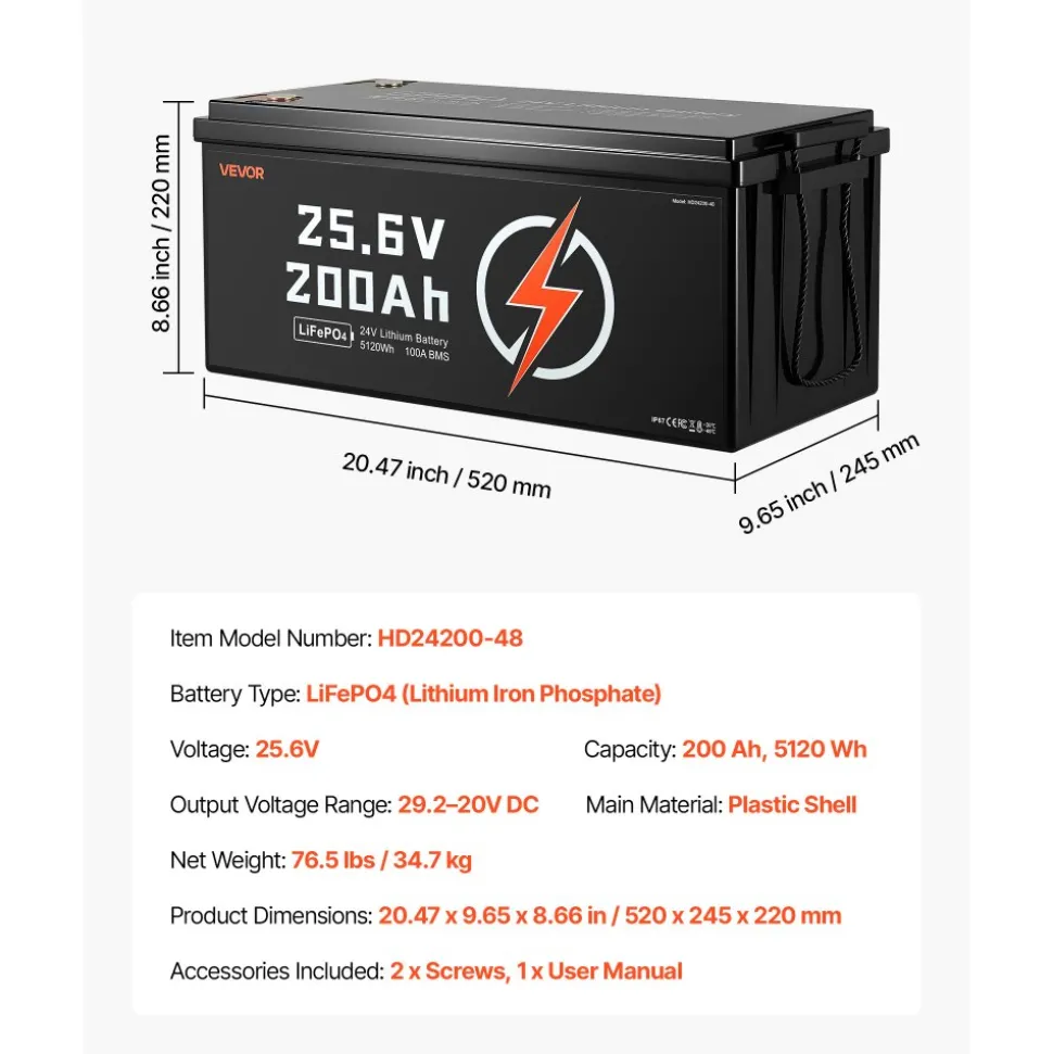 VEVOR 24V 200Ah LiFePO4 Lithium Battery, Built-in 100A BMS, Deep Cycle Lithium Rechargeable Battery with Low Temperature Protection, 4000+ Cycles, Max. 5120Wh, for RV, Camper, Trolling Motors, Marine
