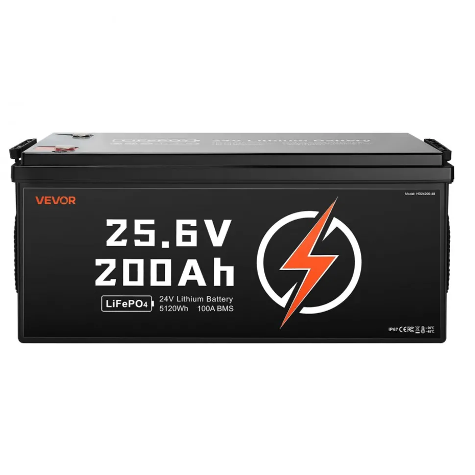 VEVOR 24V 200Ah LiFePO4 Lithium Battery, Built-in 100A BMS, Deep Cycle Lithium Rechargeable Battery with Low Temperature Protection, 4000+ Cycles, Max. 5120Wh, for RV, Camper, Trolling Motors, Marine