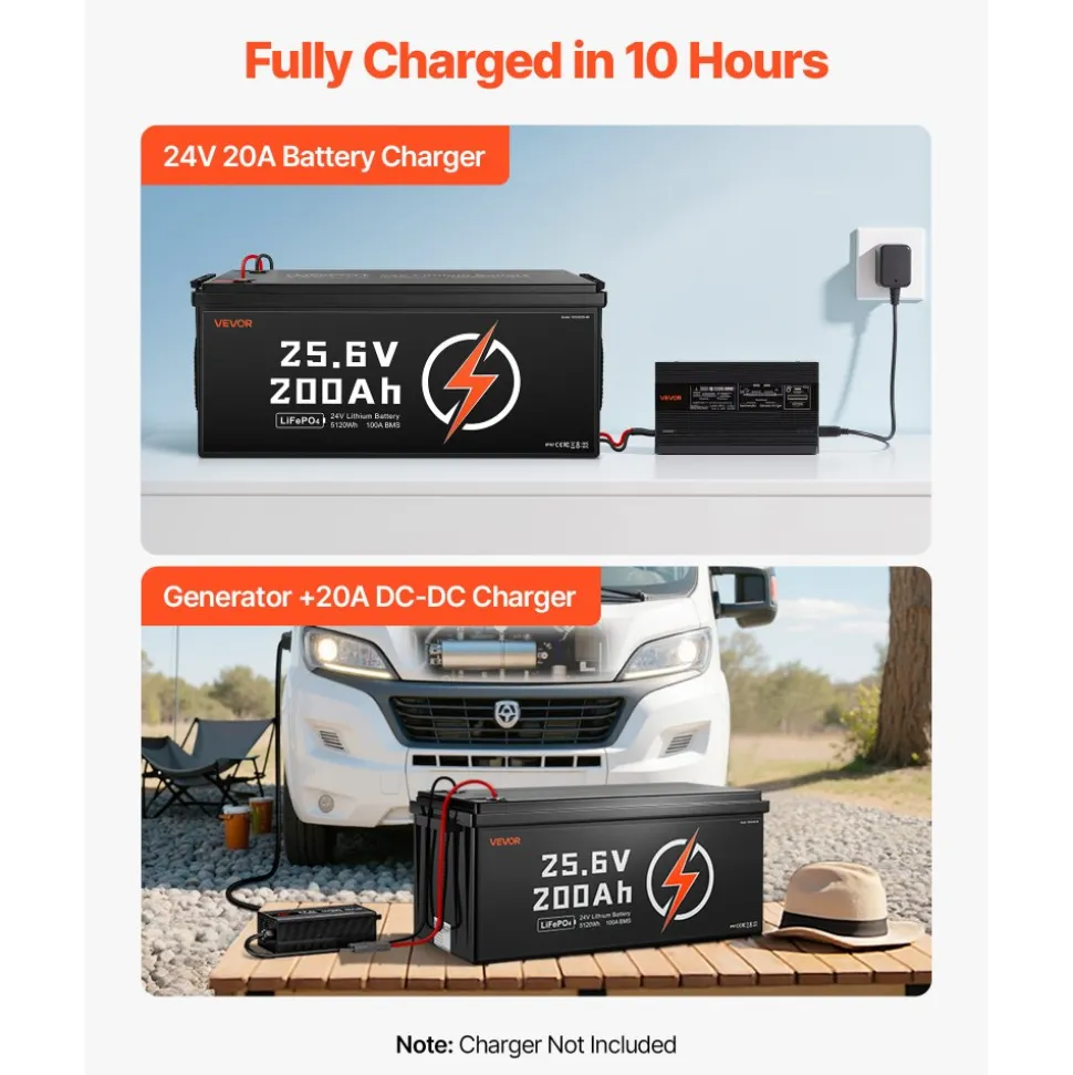 VEVOR 24V 200Ah LiFePO4 Lithium Battery, Built-in 100A BMS, Deep Cycle Lithium Rechargeable Battery with Low Temperature Protection, 4000+ Cycles, Max. 5120Wh, for RV, Camper, Trolling Motors, Marine