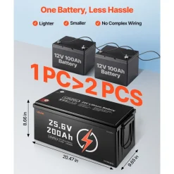 VEVOR 24V 200Ah LiFePO4 Lithium Battery, Built-in 100A BMS, Deep Cycle Lithium Rechargeable Battery with Low Temperature Protection, 4000+ Cycles, Max. 5120Wh, for RV, Camper, Trolling Motors, Marine