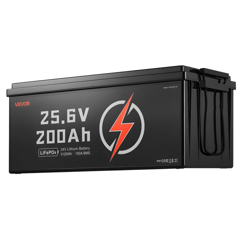 VEVOR 24V 200Ah LiFePO4 Lithium Battery, Built-in 100A BMS, Deep Cycle Lithium Rechargeable Battery with Low Temperature Protection, 4000+ Cycles, Max. 5120Wh, for RV, Camper, Trolling Motors, Marine