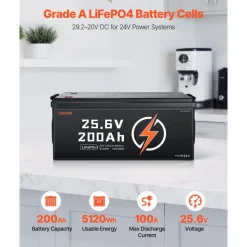 VEVOR 24V 200Ah LiFePO4 Lithium Battery, Built-in 100A BMS, Deep Cycle Lithium Rechargeable Battery with Low Temperature Protection, 4000+ Cycles, Max. 5120Wh, for RV, Camper, Trolling Motors, Marine