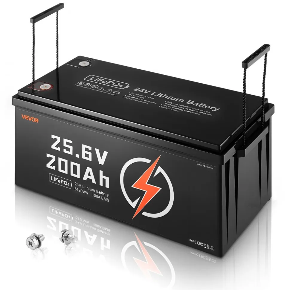 VEVOR 24V 200Ah LiFePO4 Lithium Battery, Built-in 100A BMS, Deep Cycle Lithium Rechargeable Battery with Low Temperature Protection, 4000+ Cycles, Max. 5120Wh, for RV, Camper, Trolling Motors, Marine