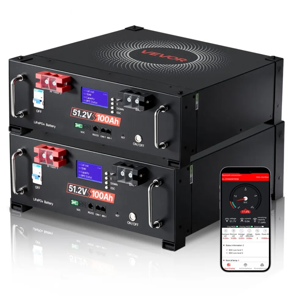 VEVOR 48V 200Ah LiFePO4 Lithium Battery, 2 Pack 100Ah, 10.24kWh Capacity, 51.2V Server Rack LiFePO4 Battery with Bluetooth, Max 6000 Cycles, LCD Display, for Off-Grid, Solar System, Backup Power