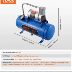 VEVOR 12V Air Compressor with Tank 1.6 Gallon/6 L, Train Horn Air Compressor, 120 psi Working Pressure Onboard Air Compressor System for Train Air Horns, Inflating Tires, Air Mattresses