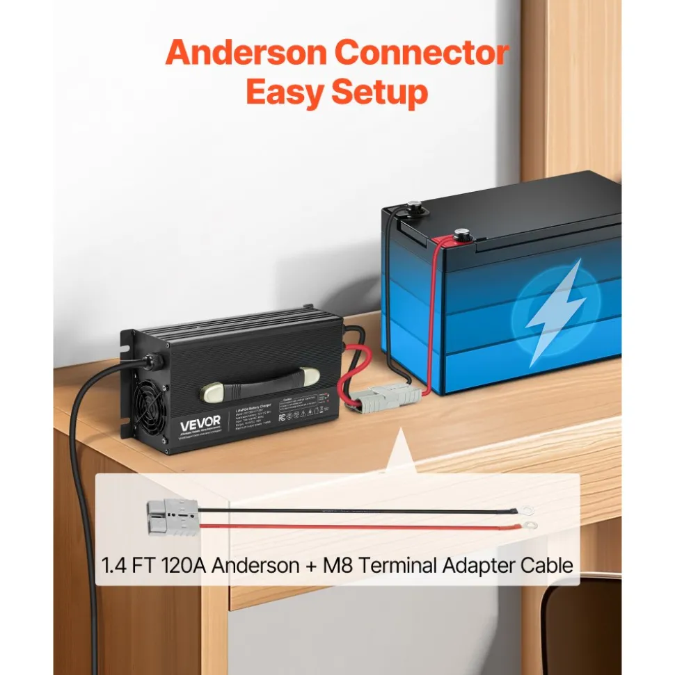 VEVOR 12V 80A Lithium Battery Charger, 14.6V, AC-DC LiFePO4 Smart Charger, with Anderson Connector, LED Indicator, 0V Activation, for Lithium LiFePO4 Deep Cycle Rechargeable Batteries of Boat, RV