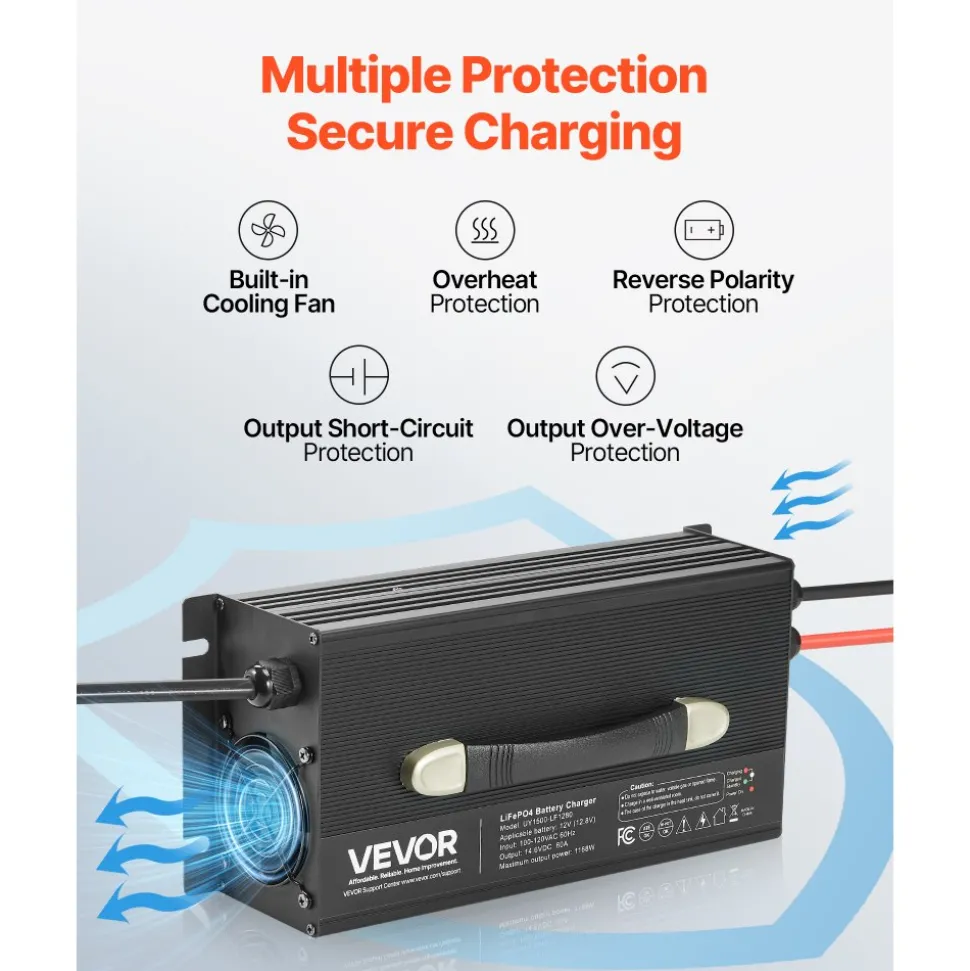 VEVOR 12V 80A Lithium Battery Charger, 14.6V, AC-DC LiFePO4 Smart Charger, with Anderson Connector, LED Indicator, 0V Activation, for Lithium LiFePO4 Deep Cycle Rechargeable Batteries of Boat, RV