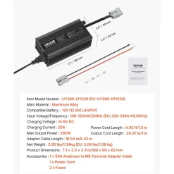 VEVOR 12V 20A Lithium Battery Charger, 14.6V, AC-DC LiFePO4 Smart Charger, with Anderson Connector, LED Indicator, 0V Activation, for Lithium LiFePO4 Deep Cycle Rechargeable Batteries of Boat, RV