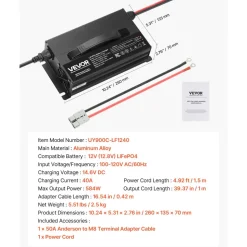 VEVOR 12V 40A Lithium Battery Charger, 14.6V, AC-DC LiFePO4 Smart Charger, with Anderson Connector, LED Indicator, 0V Activation, for Lithium LiFePO4 Deep Cycle Rechargeable Batteries of Boat, RV