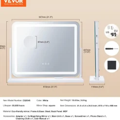 VEVOR Vanity Mirror with Lights, Three Color Lighting Modes, Lighted Makeup LED Mirror, and 5X Magnification,USB Port, Smart Touch Control, 360°Rotation (21.7x17.7 in, White)