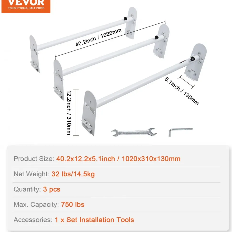 VEVOR Van Roof Ladder Rack, 3 Bars Alloy Steel Roof Racks, 750 LBS Capacity Rain-Gutter Roof Rack, Adjustable Length 40.2" to 74.8", Van Ladder Rack Compatible with Chevrolet Express, GMC Savana, etc