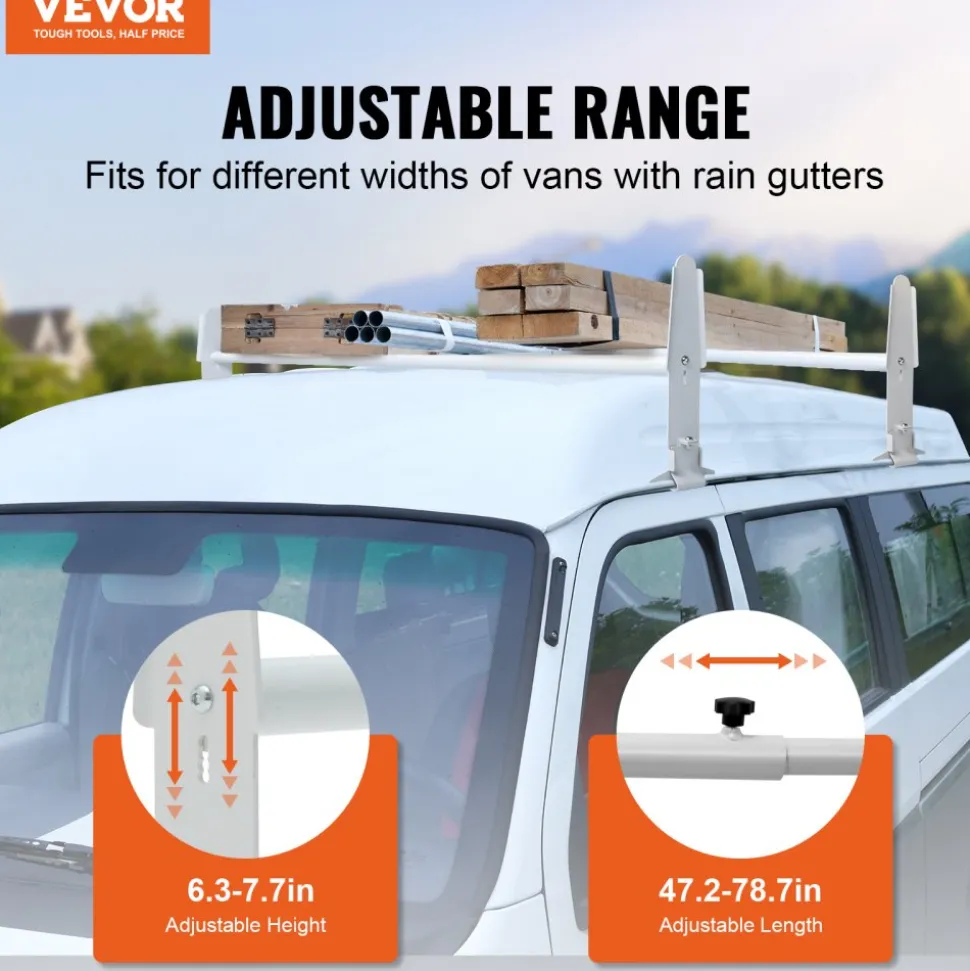 VEVOR Van Roof Ladder Rack, 2 Bar Alloy Steel Ladder Racks, Adjustable from 47.2"-78.7", 500 lbs Capacity, Roof Rack Compatible with Full-size Vans with Rain Gutter, Chevrolet Express, GMC Savana, etc