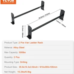 VEVOR Van Roof Ladder Rack, 2 Bars Alloy Steel Roof Racks, 500 LBS Capacity Roof Rack, Adjustable Length 35.8