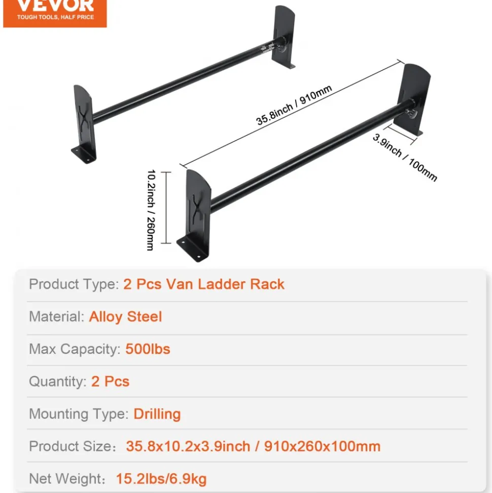 VEVOR Van Roof Ladder Rack, 2 Bars Alloy Steel Roof Racks, 500 LBS Capacity Roof Rack, Adjustable Length 35.8"-52.4", Van Ladder Rack Compatible with Chevrolet Express, GMC Savana, etc, Drilling Mount